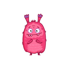 Cute cartoon monster on white background. Pink Monster. Happy Alien. Flat Funny monster. Vector illustration.