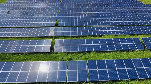 Aerial Drone View of Solar Panels Installed Above Green Crop Field