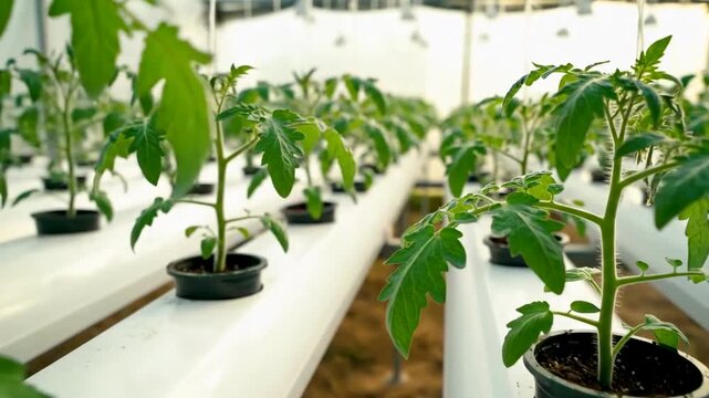 The image shows rows of young tomato plants in small pots inside a greenhouse. The plants are arranged on white elevated platforms, likely part of a hydroponic or soilless farming system.