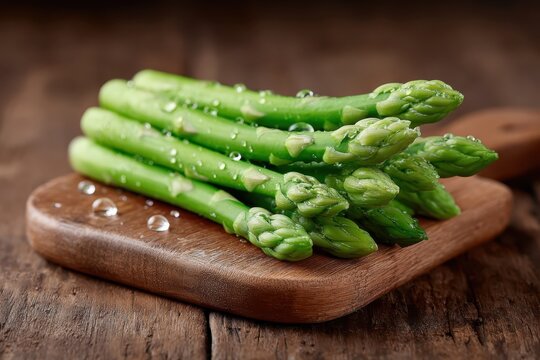 Fresh bright green asparagus showcased on a rustic wooden cutting board with droplets of water glistening under soft light. Artichoke and Asparagus Month - Powered by Adobe