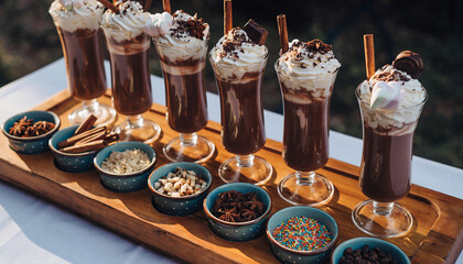 A delightful assortment of decadent hot chocolate drinks, each topped with whipped cream and various garnishes, served with a selection of toppings.
