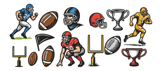 American Football player, American football goalpost, Trophy icon logo flat vector design