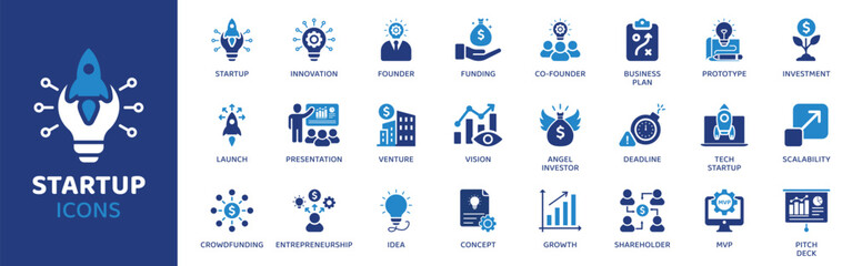 Startup flat icon set. Containing Icons as Innovation, Founder, Funding, Co-founder, Business Plan, Prototype, Investment and more. Solid Vector web icons collection.
