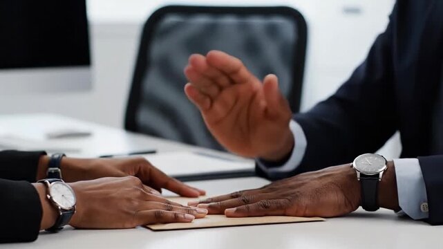 Two people in suits are at a table, with one offering a brown envelope and the other rejecting it with a hand gesture. The image depicts a refusal of a bribe or an illegal transaction.