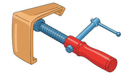 Wooden C Clamp with Metal Screw and Red Handle Isolated on Black Background Detailed Vector Illustration