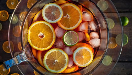 A refreshing pitcher of sangria filled with ice and various citrus fruit slices including oranges and lemons.