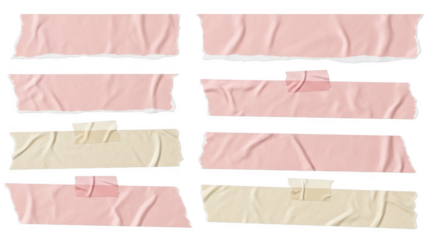 Collection of torn pink and beige masking tape strips with transparent tape pieces on black background