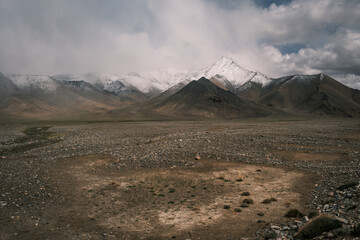Majestic snow-capped peaks of the Trans-Alay Range towering over the rugged Pamir Mountains in Gorno-Badakhshan, Tajikistan, illustrating remote high-altitude wilderness