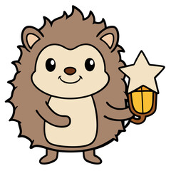 Fototapeta premium Cute hedgehog holds a glass flashlight with a firefly inside. Vector illustration in cartoon style. Isolated on a white background. 