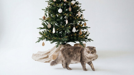 Cute Cat Walking Under Christmas Tree with Ornaments on White Background