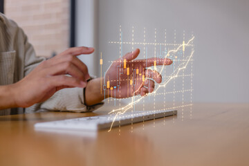 Businessman’s hands typing on keyboard with glowing arrows and graph lines, symbolizing business growth, data analytics, digital marketing strategy online success concept.