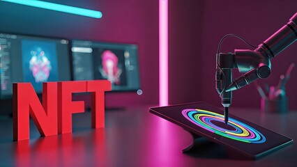 Robotic arm creating vibrant digital art on tablet, with bold NFT letters in foreground, showcasing innovative technology and creativity in cryptocurrency investments
