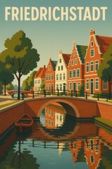 Obraz premium Vintage illustration of Friedrichstadt with traditional gabled houses along a peaceful canal crossed by brick bridges and a small boat reflected in the water