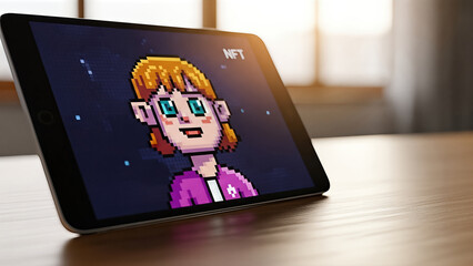 Digital tablet displaying pixel art NFT character with vibrant colors and unique design, showcasing the intersection of technology and digital art in cryptocurrency culture