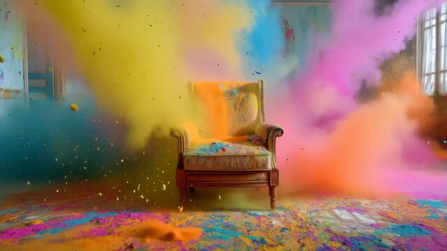 Colorful explosion around a vintage chair in an art-filled room creates vibrant energy and dynamic visual impact during a creative event