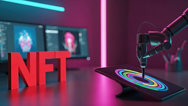 Robotic arm creating vibrant digital art on tablet, with bold NFT letters in foreground, showcasing innovative technology and creativity in cryptocurrency investments - Powered by Adobe
