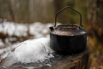 A beautiful tourist teapot stands on a snow-covered pine stump