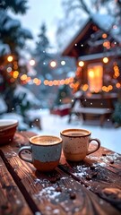 Zwei Keramik-Tassen mit dampfenem Kaffee, im Hintergrund leuchtenden Lichtern vor einem verschneiten Winterhintergrund.