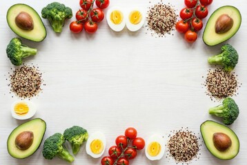 Top view flat lay border of healthy food ingredients featuring avocado, broccoli, tomatoes, eggs, and quinoa on white wood. Fresh meal prep background with copy space for diet and nutrition concepts.