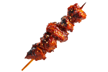 Anticuchos grilled beef meat skewer isolated on white transparent background, concept of South American barbecue cuisine