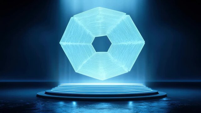 Futuristic blue portal in a dark room with glowing light illuminating surroundings