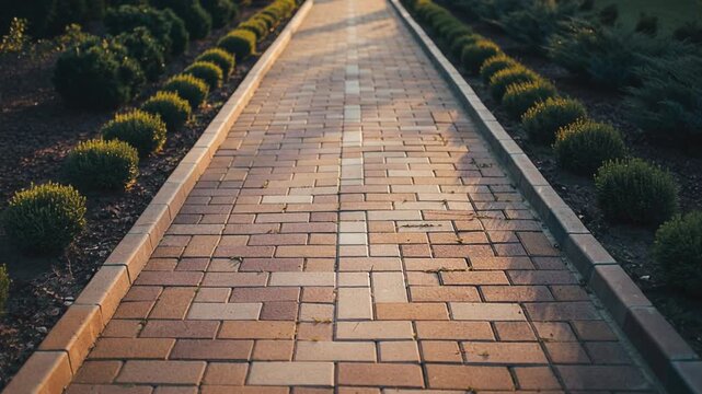 Stone paver path extending linearly, featuring a detailed geometric pattern, bordered by neat manicured shrubs under warm golden hour sunlight.