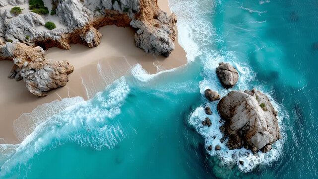 K&uuml;stenlandschaft mit t&uuml;rkisfarbenem Wasser und Felsen aus der Luftperspektive