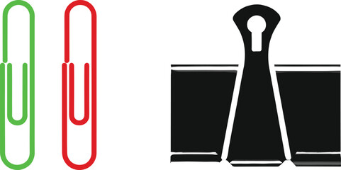 Vector illustration of colorful paper clips and a black binder clip, representing office supplies, stationery tools, organization items, and workplace essentials in a simple graphic style
