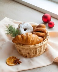 Holiday Pastry Basket with Croissant, Doughnut, Red Baubles and Natural Elements 