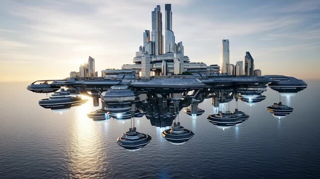 Experience the Future Cityscape A Floating Metropolis with Sleek Architecture and Pods Exploring a Modern Utopia Above the Water
