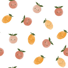 Playful Hand-Drawn Fruits Pattern With Cheerful Faces on White Background.ai
