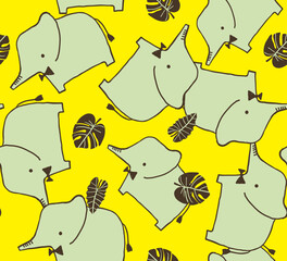 Playful Tropical Elephant Pattern with Leaves on Yellow Background.ai