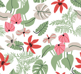 Tropical Floral Pattern with Jungle Leaves and Exotic Flowers.ai