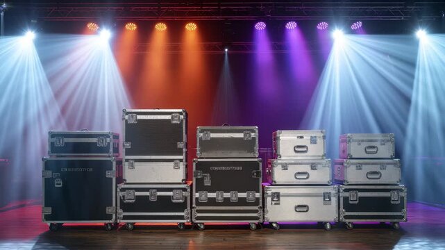 Lighting equipment cases lined up on stage under colorful spotlights during a concert preparation at night