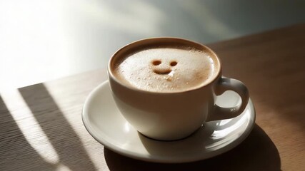 Joyful smiley face in foam on coffee cup on wooden table