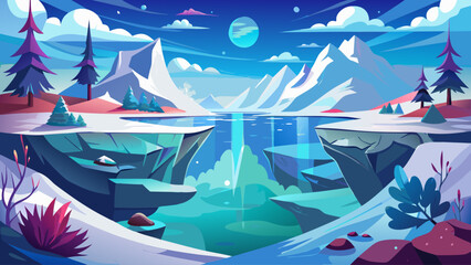 Magical split-view winter scenery capturing icy snow-covered terrain above and a peaceful underwater world beneath, creating a dramatic contrast between frosty air and quiet aquatic life