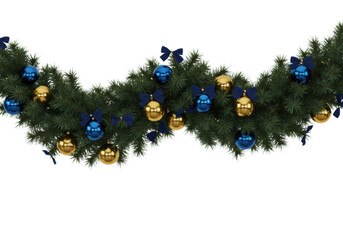 Lush noble fir garland with sapphire blue, shimmering gold, and matte silver glass ornaments, plus navy silk bows, isolated on white studio background. High-end holiday concept