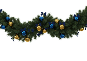 Lush noble fir garland with sapphire blue, shimmering gold, and matte silver glass ornaments, plus navy silk bows, isolated on white studio background. High-end holiday concept