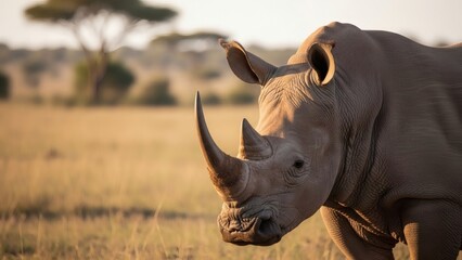 Fototapeta premium Majestic White Rhinoceros in African Savanna at Sunset 