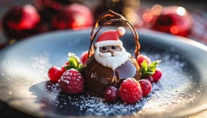 A festive chocolate dessert shaped like Santa Claus, adorned with berries and mint, dusted with powdered sugar.