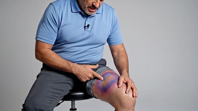 Man Explaining Large Bruise on Leg Showing Discoloration and Medical Advice