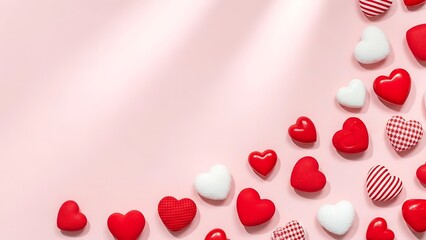 Valentine hearts scattered on a soft pink background with copy space