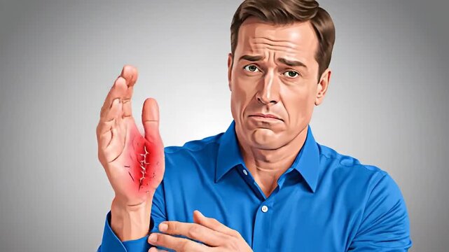 Man Expressing Pain, Injury, and Discomfort on His Hand in a Sequence of Images
