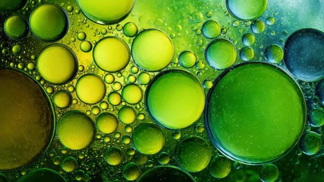 Colorful bubbles and oil droplets create an abstract pattern in a close-up view with shades of green and yellow under light