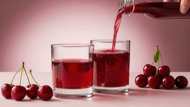 Fresh cherry juice being poured into two glasses with ripe cherries scattered around