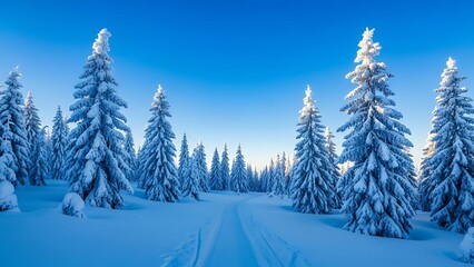 Snow covered evergreen forest with a path under a clear winter sky