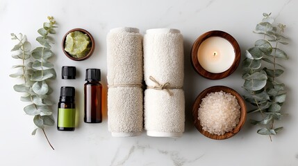 Premium Spa Flatlay Featuring Towels, Essential Oil Bottle, Mineral Bath Salts and Fresh Eucalyptus