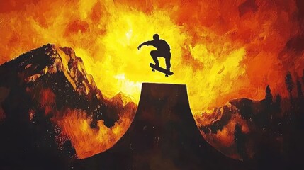 Skateboarding action over ramp urban environment digital art fiery sunset dynamic viewpoint extreme sports concept