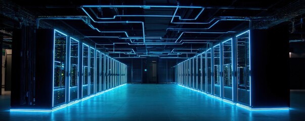 A modern data center illuminated with blue lighting, featuring rows of servers and futuristic design elements.