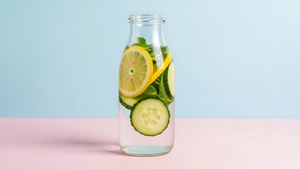 Clear glass bottle filled with water lemon slices cucumber and mint leaves image
